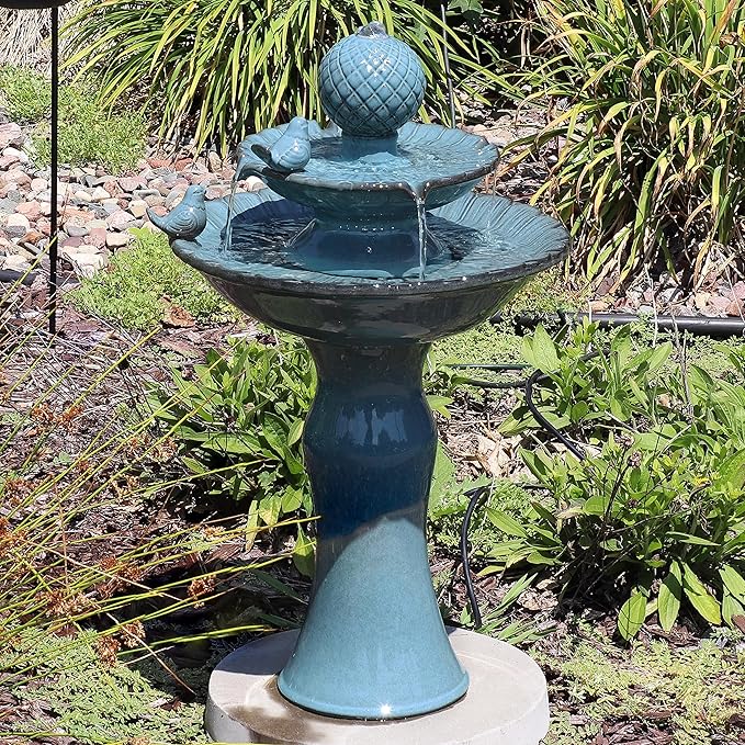 Sunnydaze 27" H 2-Tier Ceramic Water Fountain - Outdoor Water Feature for Patio, Yard, Balcony - Garden Fountain - Blue