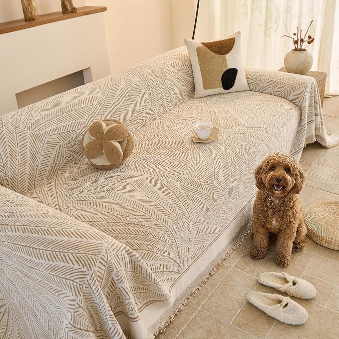 Couch Cover for Dogs Washable Sofa Cover, Sectional Couch Covers, Sofa Covers for 2 Cushion Couch, Non Slip Stripe Sofa Slipcovers Furniture Protector (Khaki, 71 * 134)