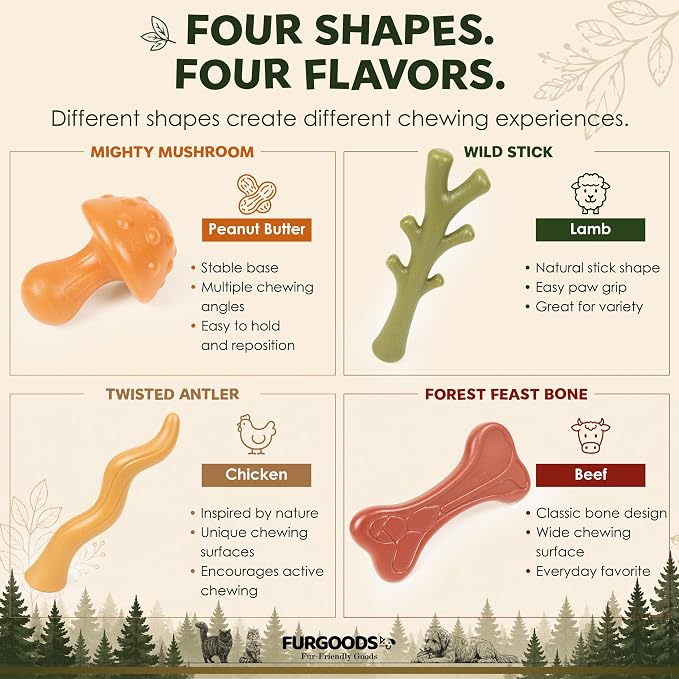 FURBONE 4-Pack Dog Chew Toys for Aggressive Chewers, Nylon Bones for Small & Medium Dogs, Flavor Infused Chews, Dog Enrichment Toys with 4 Shapes & Flavors, Forest Theme