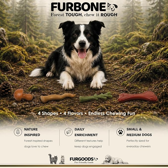 FURBONE 4-Pack Dog Chew Toys for Aggressive Chewers, Nylon Bones for Small & Medium Dogs, Flavor Infused Chews, Dog Enrichment Toys with 4 Shapes & Flavors, Forest Theme