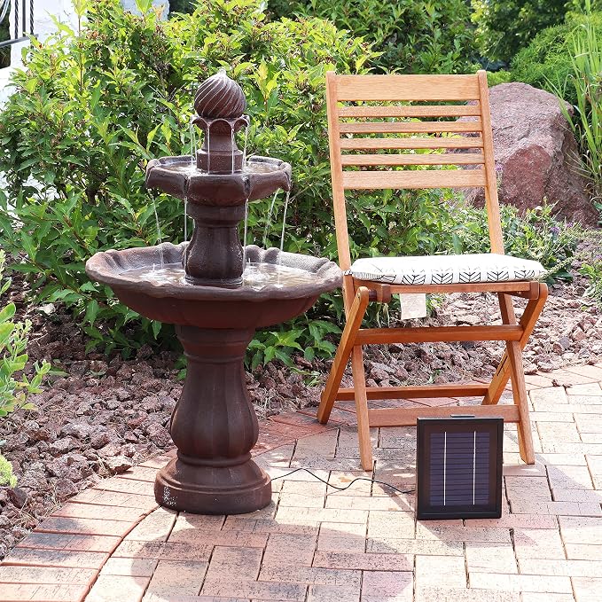 Sunnydaze 35" Solar 2-Tier Outdoor Water Fountain - Garden Water Feature with Battery Backup and Pump - Rust