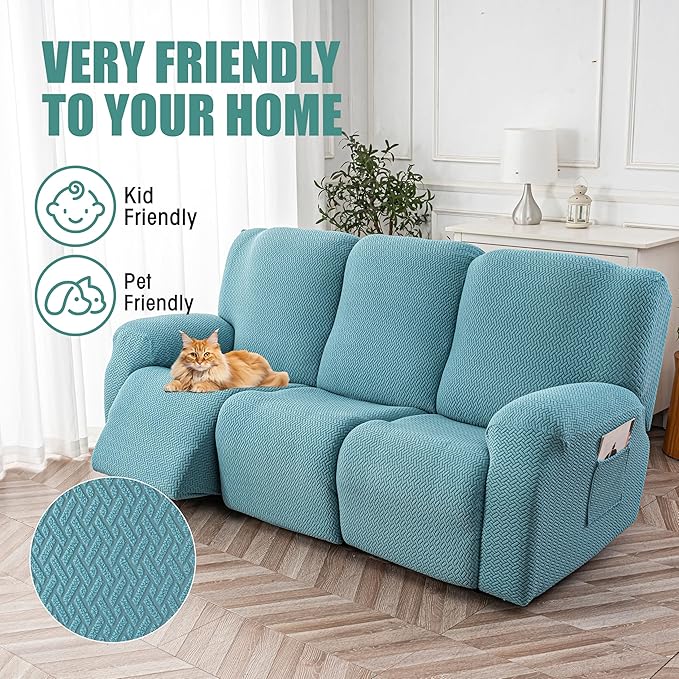 Genina Recliner Sofa Covers - Stretch Reclining Couch Covers with Stripe Jacquard - 3 Seat Cushion Slipcovers with Soft Fabric - Furniture Protector for Pet Kid (Light Blue)