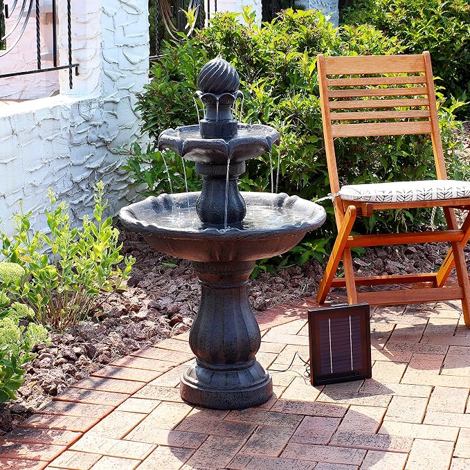 Sunnydaze 35" Solar 2-Tier Outdoor Water Fountain - Garden Water Feature with Battery Backup and Pump - Black