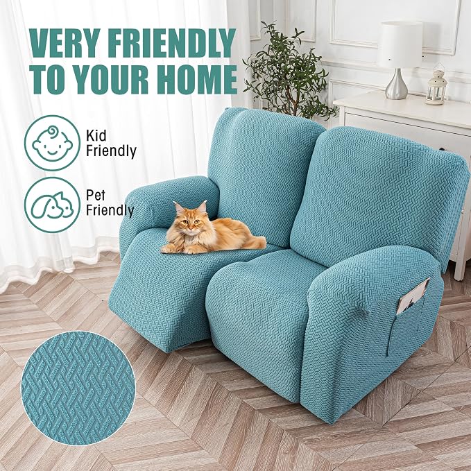 Genina Recliner Loveseat Cover Stretch Couch Covers Sofa slipcover for 2 Seat Reclining Couch Thick Jacquard Furniture Protector (Light Blue)