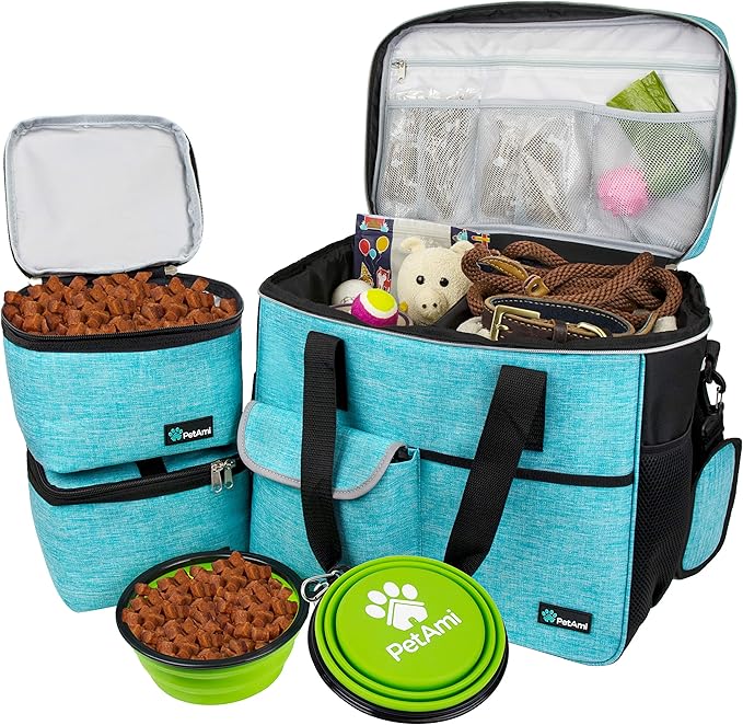 PetAmi Dog Travel Bag Organizer, Pet Travel Kit with 2 Food Containers & 2 Collapsible Dog Bowls, Pet Supplies Tote with Luggage Sleeve, Weekend Road Trip Camping Essentials, Teal Blue, Large