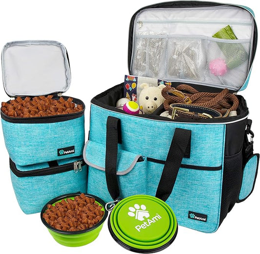 PetAmi Dog Travel Bag Organizer, Pet Travel Kit with 2 Food Containers & 2 Collapsible Dog Bowls, Pet Supplies Tote with Luggage Sleeve, Weekend Road Trip Camping Essentials, Teal Blue, Large