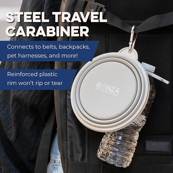 Bonza Collapsible Dog Bowls - Medium 25 oz, Dog Travel Accessories, Silicone Portable Dogs Bowl & Water Dish with Reinforced Rim & Carabiner for Hiking, Camping, and Car Trips, Periwinkle