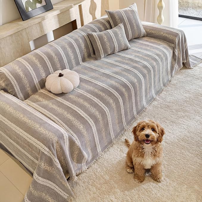 Couch Cover for Dogs Washable Sofa Cover, Sectional Couch Covers, Sofa Covers for 2 Cushion Couch, Non Slip Stripe Sofa Slipcovers Furniture Protector (Light Grey, 71 * 134)