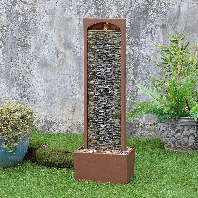 Teamson Home 38.5" Faux Slate Contemporary Outdoor LED Waterfall Fountain with Pebble Base, Red Rock